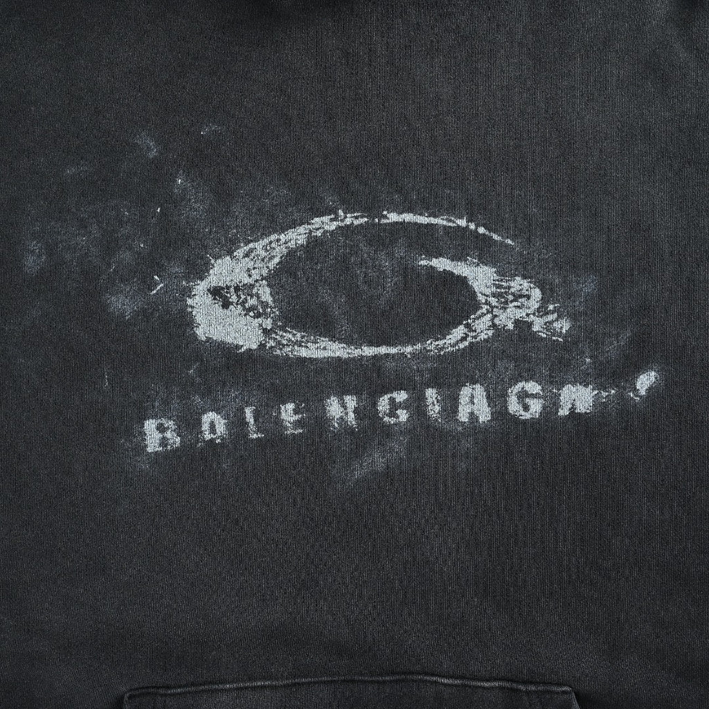 Balenciaga Washed Black Blurred Ring Logo Pullover Hoodie