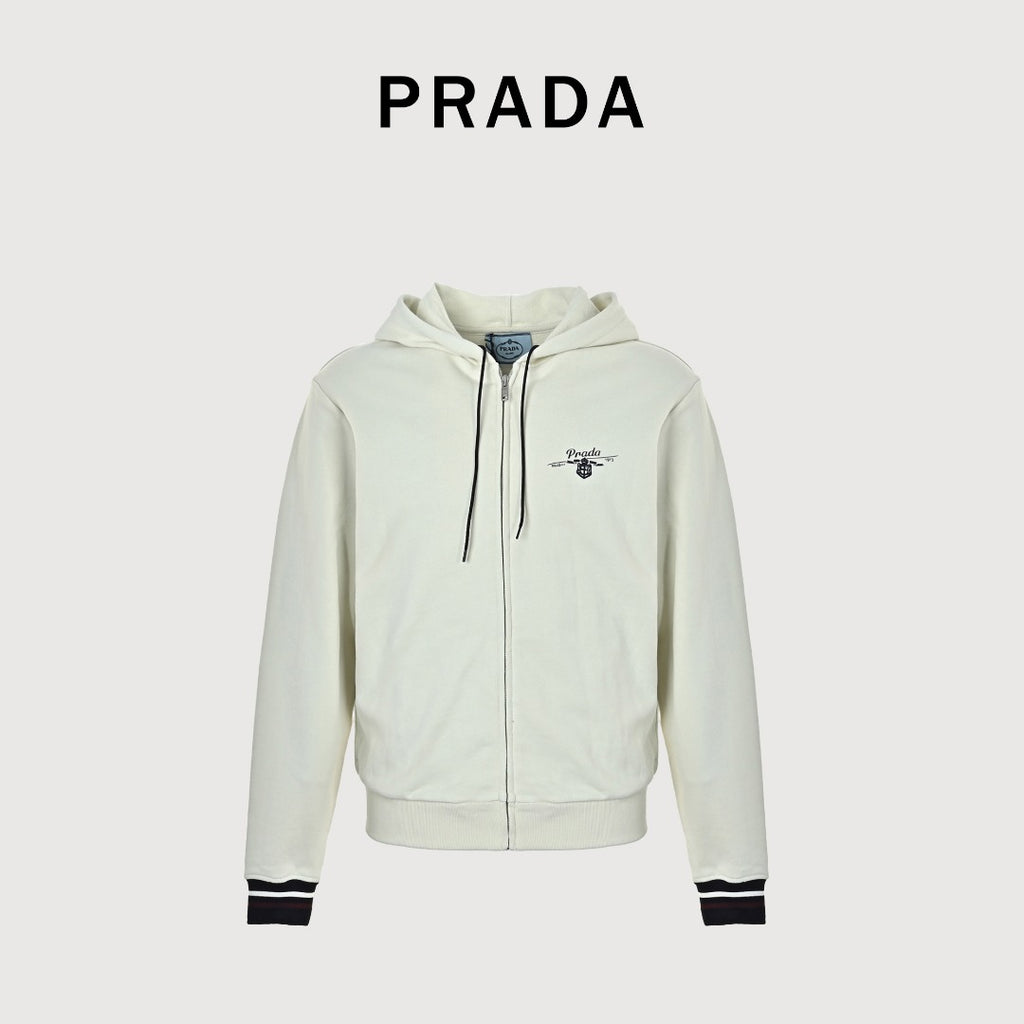 Prada Cream Chest Print Contrast-Cuff Zip-Up Hooded Jacket