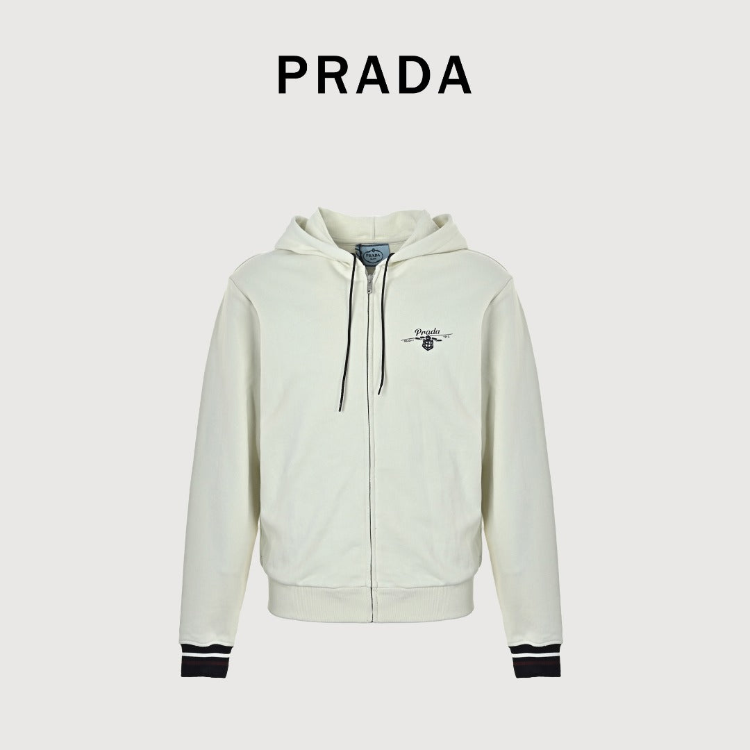Prada Cream Chest Print Contrast-Cuff Zip-Up Hooded Jacket