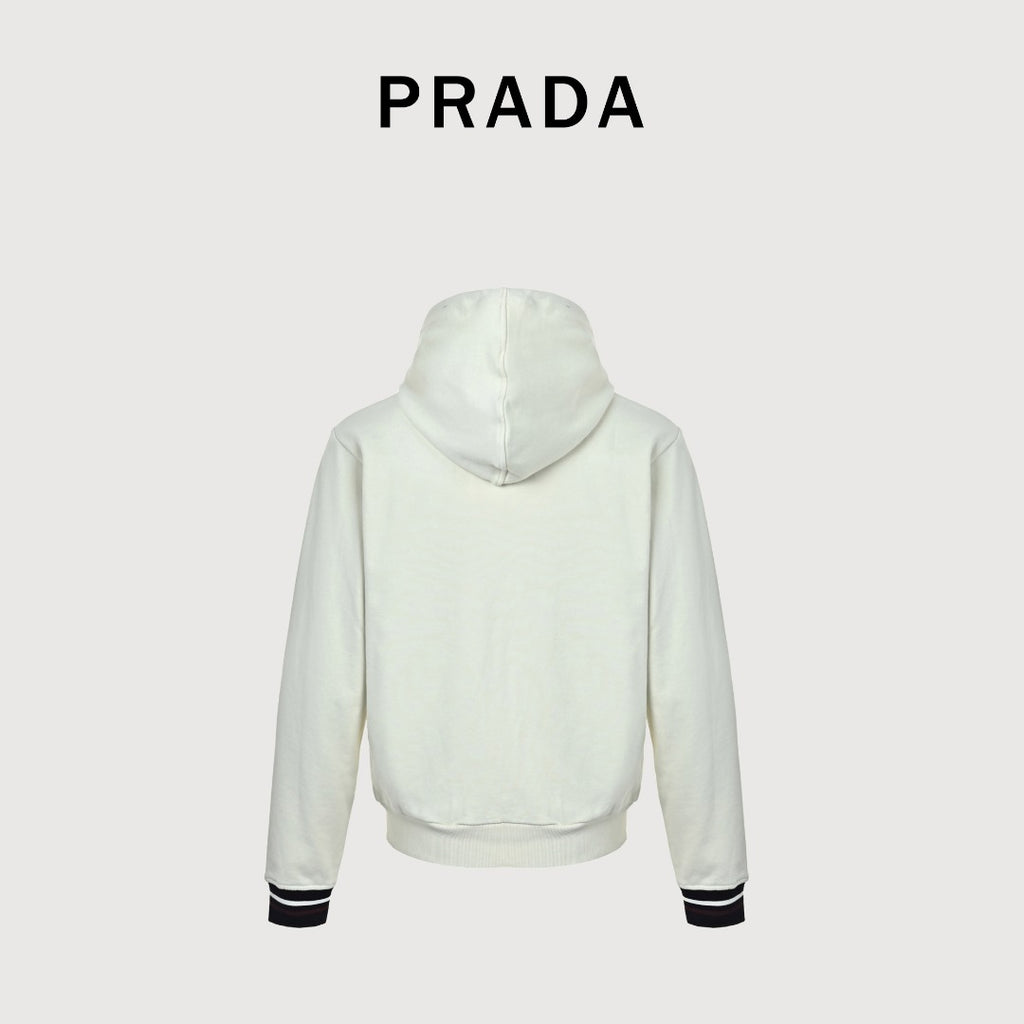 Prada Cream Chest Print Contrast-Cuff Zip-Up Hooded Jacket