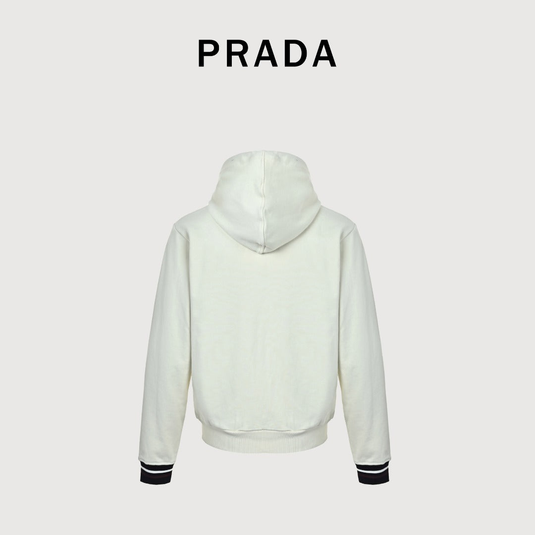 Prada Cream Chest Print Contrast-Cuff Zip-Up Hooded Jacket