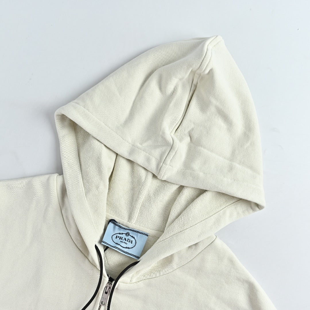 Prada Cream Chest Print Contrast-Cuff Zip-Up Hooded Jacket