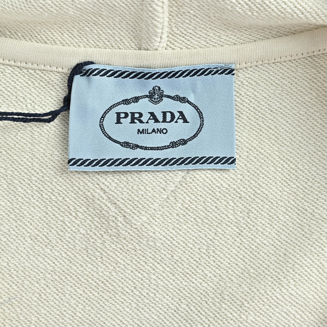 Prada Cream Chest Print Contrast-Cuff Zip-Up Hooded Jacket