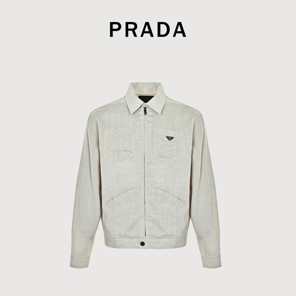 Prada Cream Chambray Cotton-Linen Blend Triangle Logo Jacket