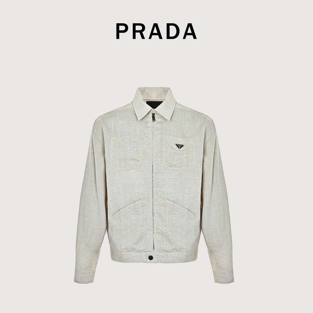 Prada Cream Chambray Cotton-Linen Blend Triangle Logo Jacket