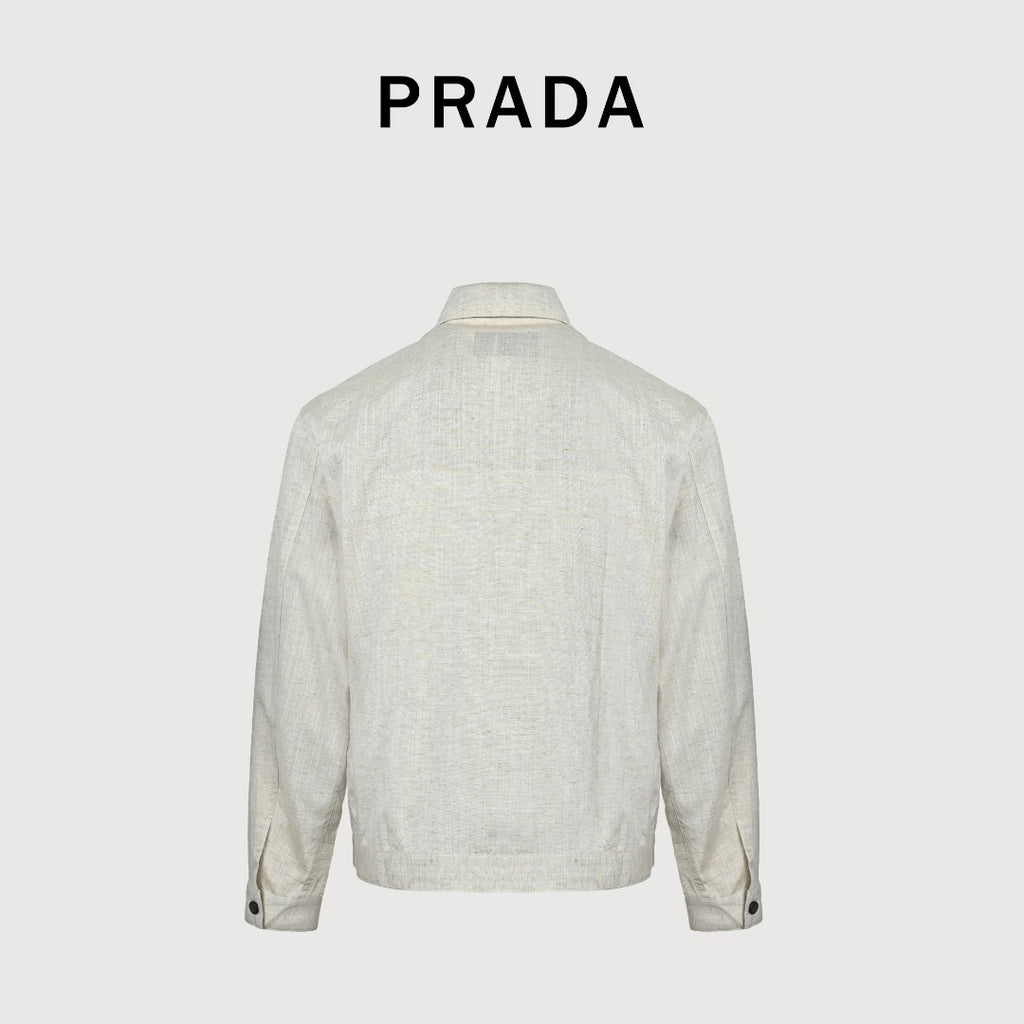 Prada Cream Chambray Cotton-Linen Blend Triangle Logo Jacket