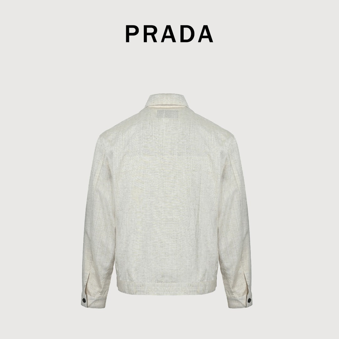 Prada Cream Chambray Cotton-Linen Blend Triangle Logo Jacket