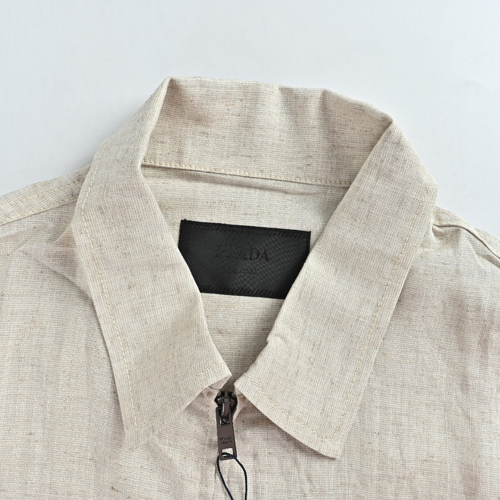 Prada Cream Chambray Cotton-Linen Blend Triangle Logo Jacket