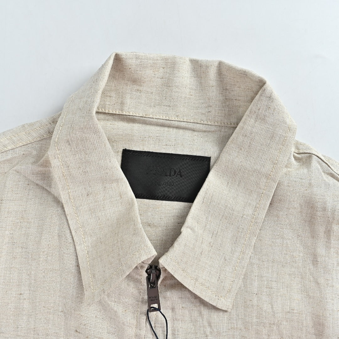 Prada Cream Chambray Cotton-Linen Blend Triangle Logo Jacket