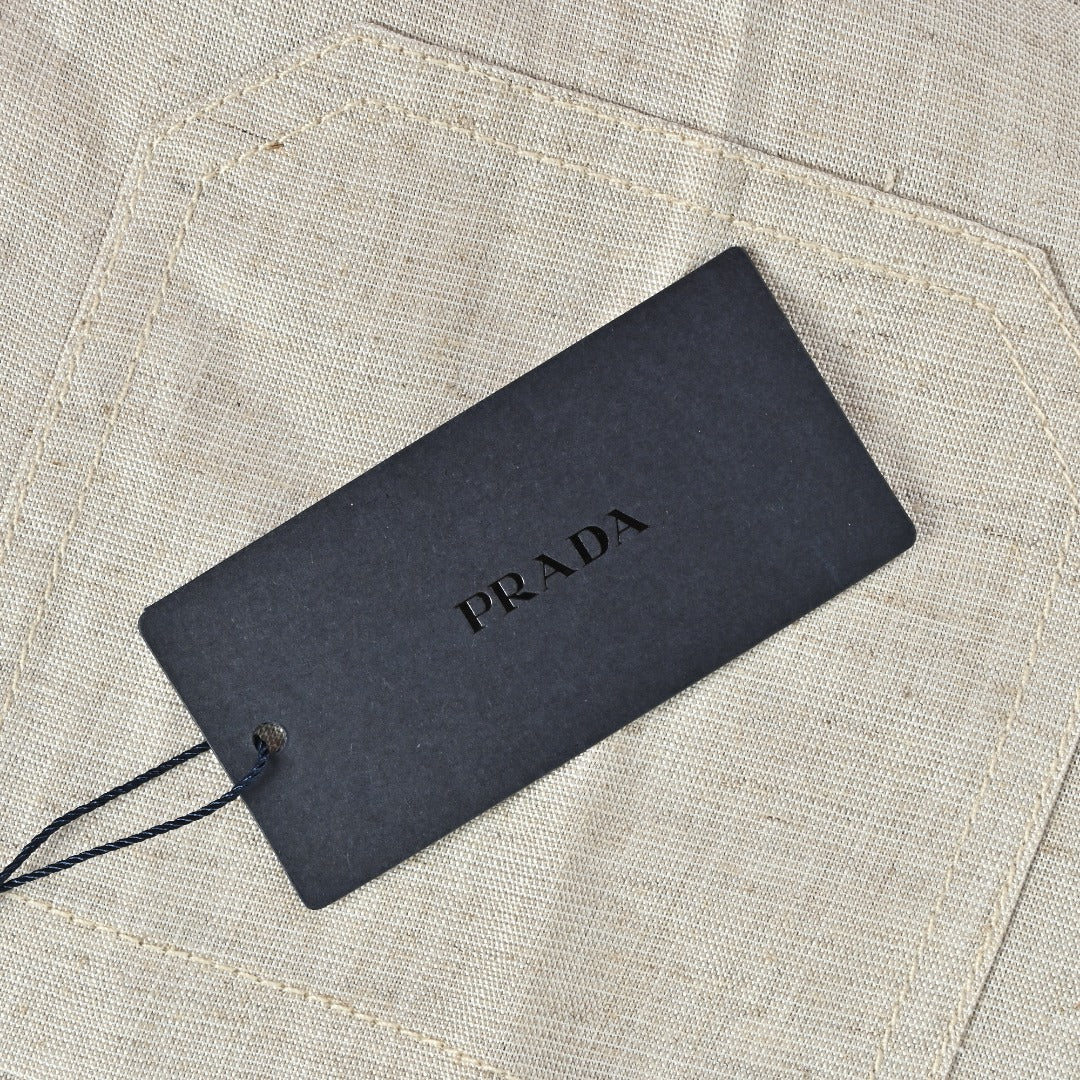 Prada Cream Chambray Cotton-Linen Blend Triangle Logo Jacket