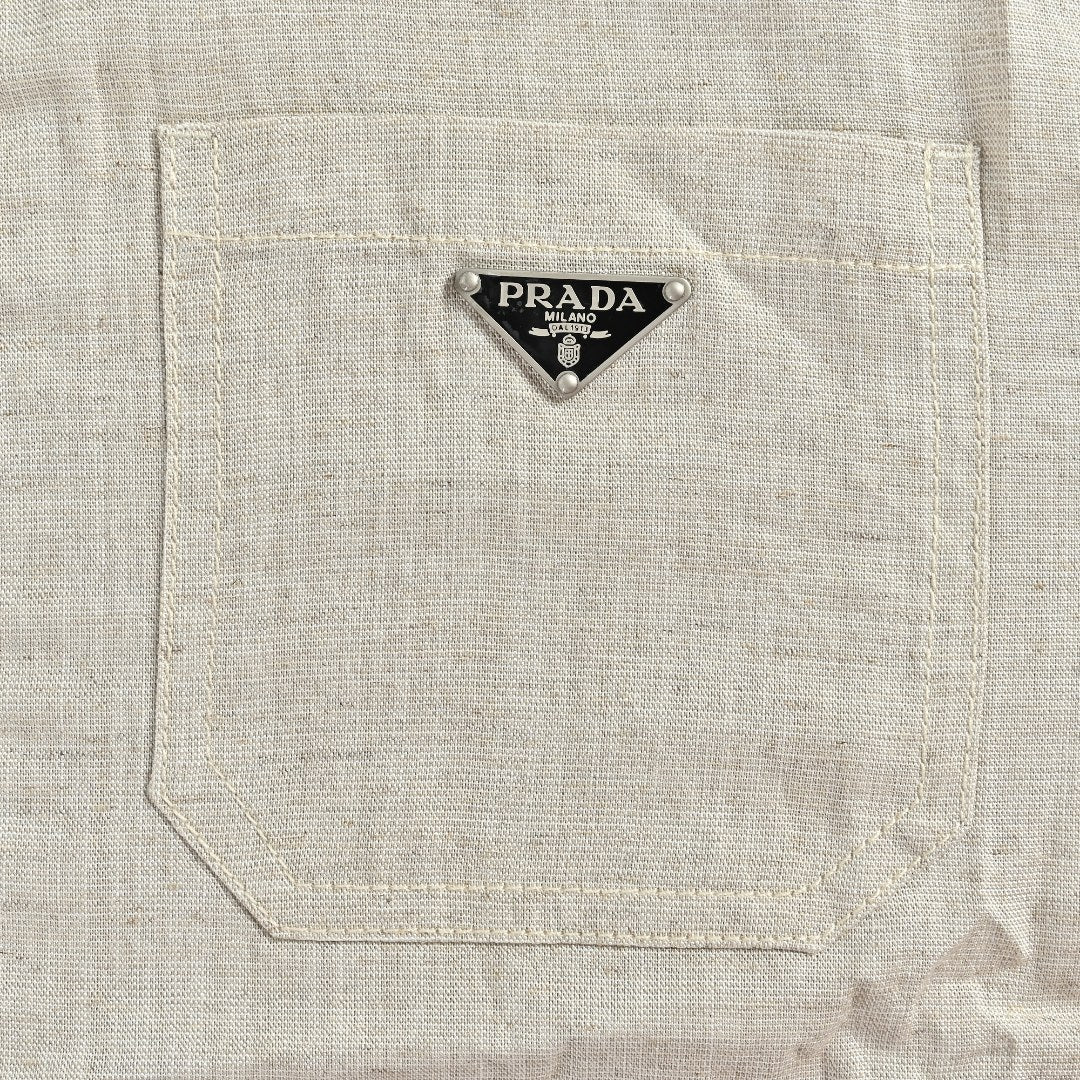 Prada Cream Chambray Cotton-Linen Blend Triangle Logo Jacket