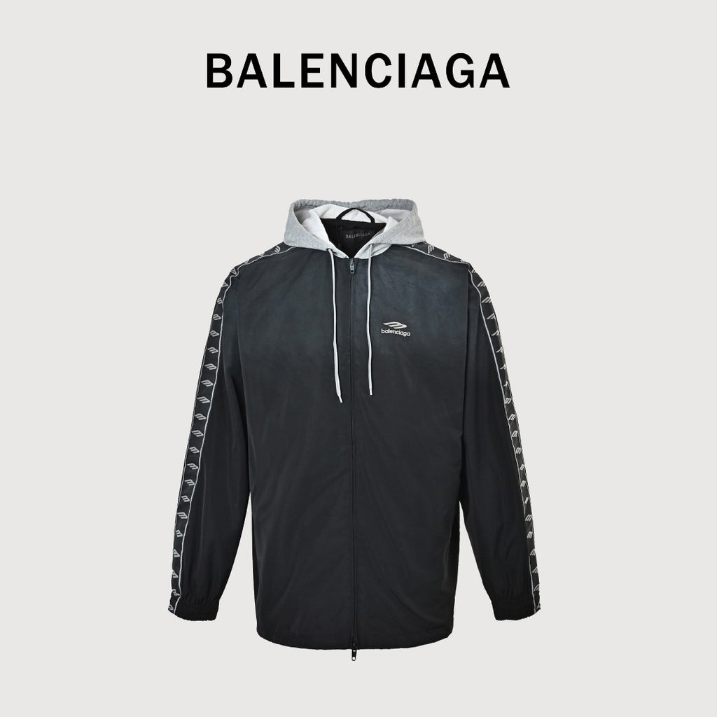 Balenciaga Black 3B Logo Tape Contrast-Hood Zip-Up Jacket