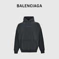 Balenciaga Washed Black Blue Embroidered Logo Pullover Hoodie