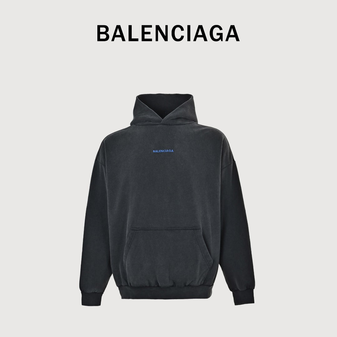 Balenciaga Washed Black Blue Embroidered Logo Pullover Hoodie