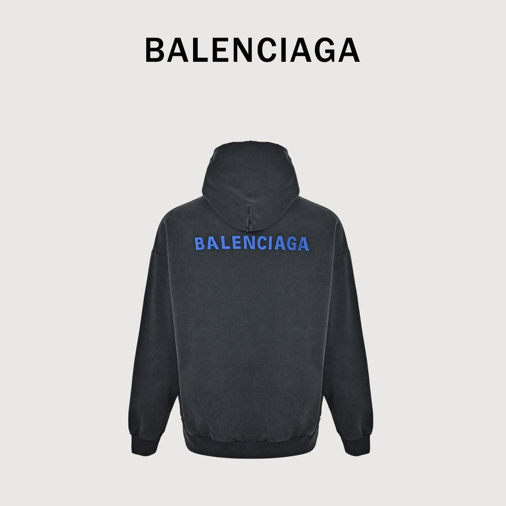 Balenciaga Washed Black Blue Embroidered Logo Pullover Hoodie