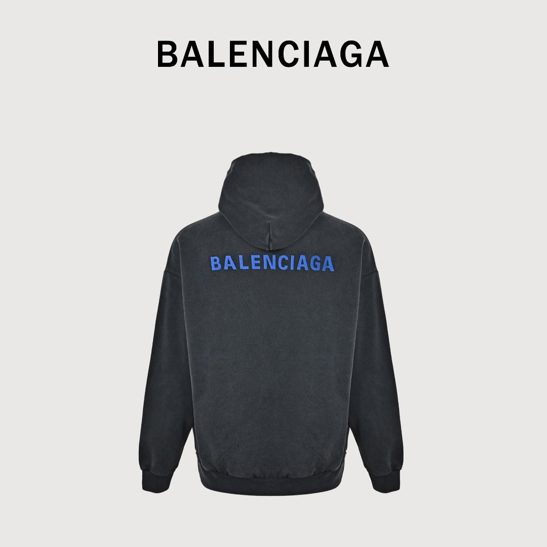 Balenciaga Washed Black Blue Embroidered Logo Pullover Hoodie