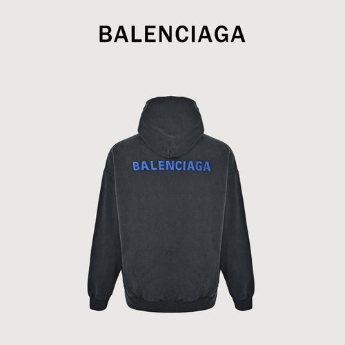 Balenciaga Washed Black Blue Embroidered Logo Pullover Hoodie
