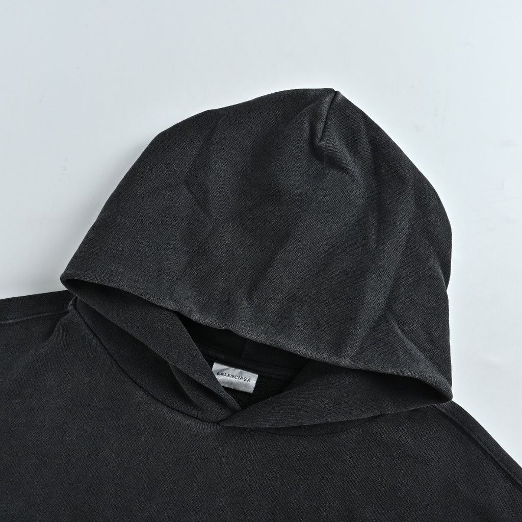 Balenciaga Washed Black Blue Embroidered Logo Pullover Hoodie