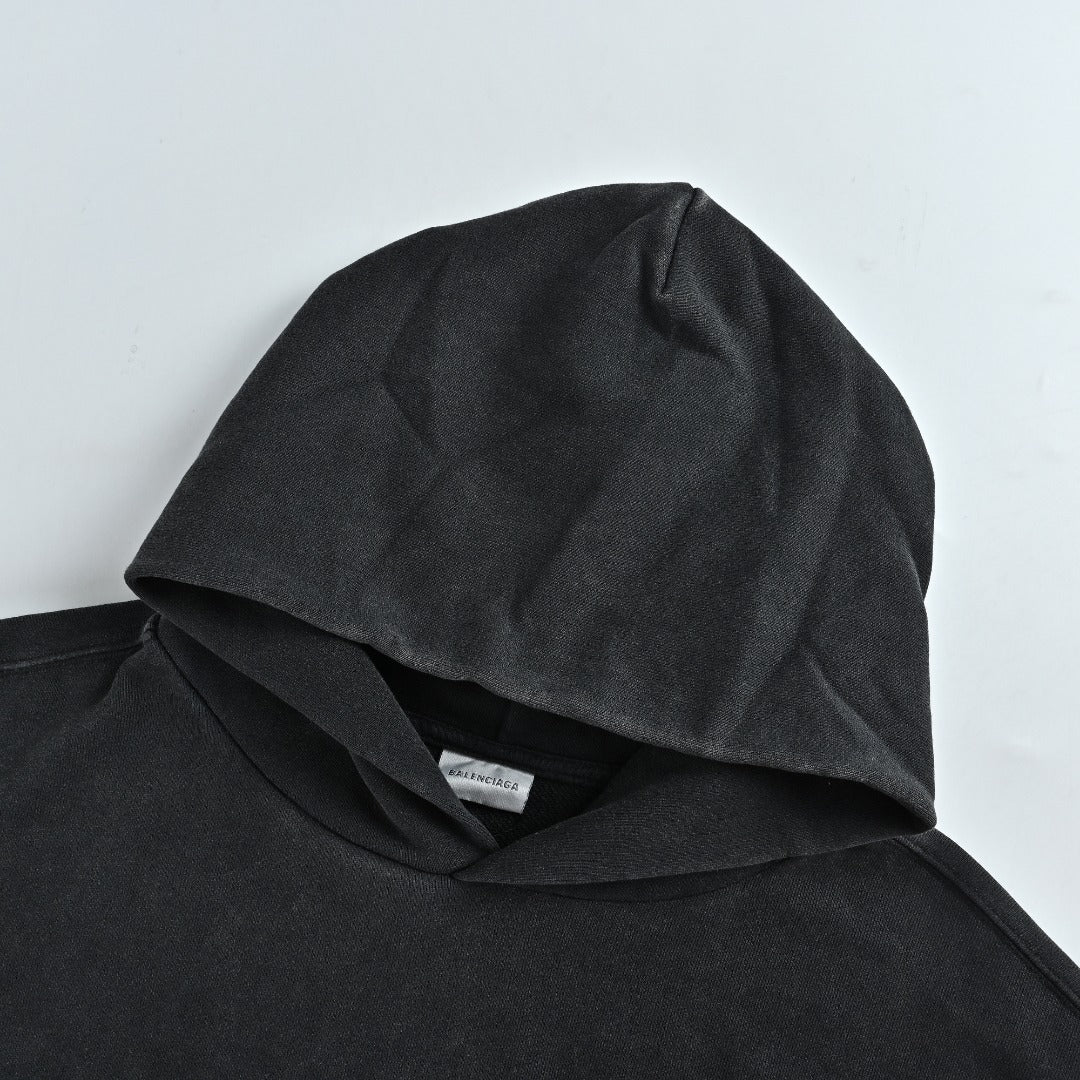 Balenciaga Washed Black Blue Embroidered Logo Pullover Hoodie