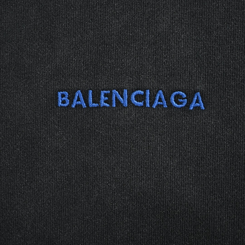 Balenciaga Washed Black Blue Embroidered Logo Pullover Hoodie