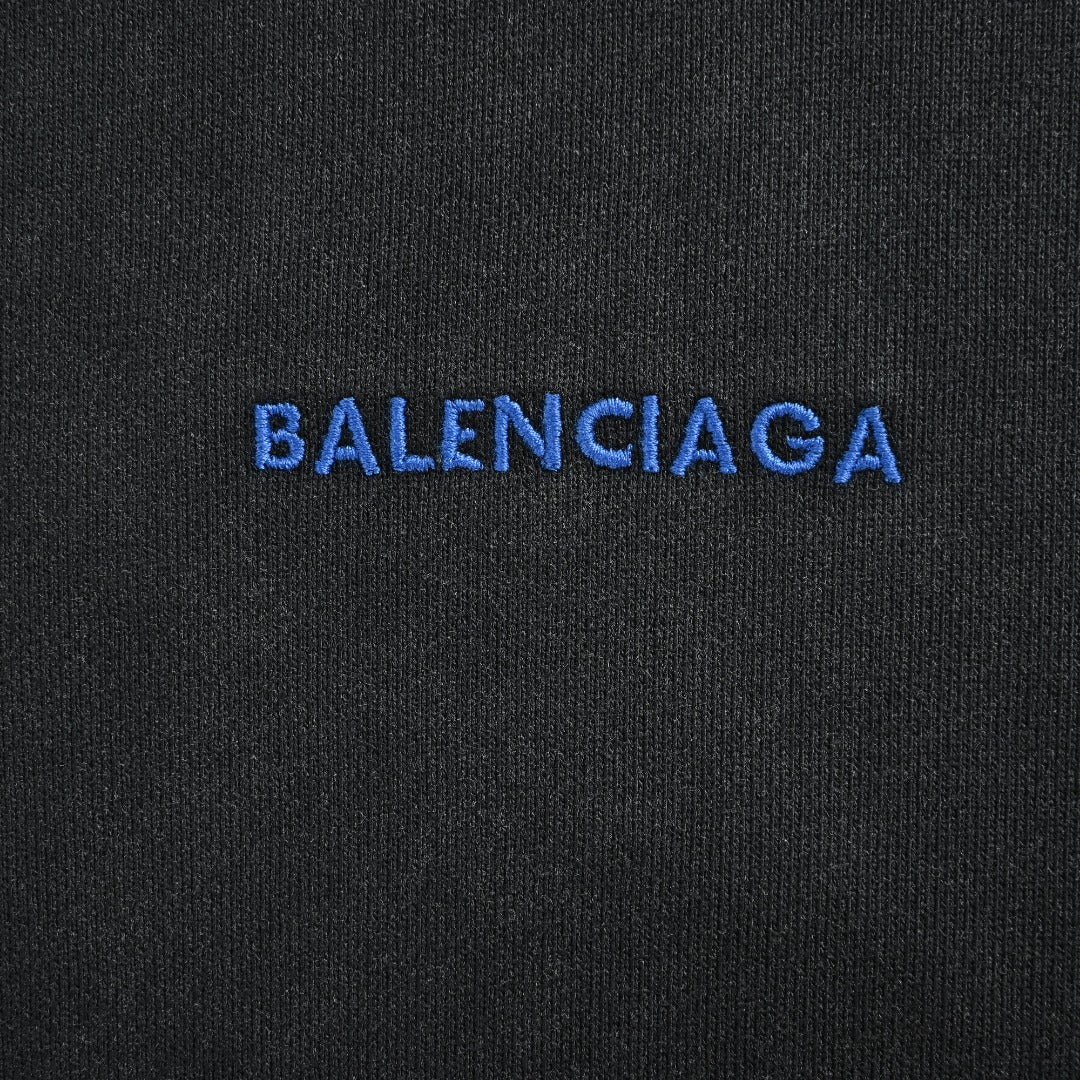 Balenciaga Washed Black Blue Embroidered Logo Pullover Hoodie