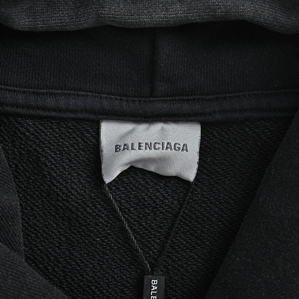Balenciaga Washed Black Blue Embroidered Logo Pullover Hoodie