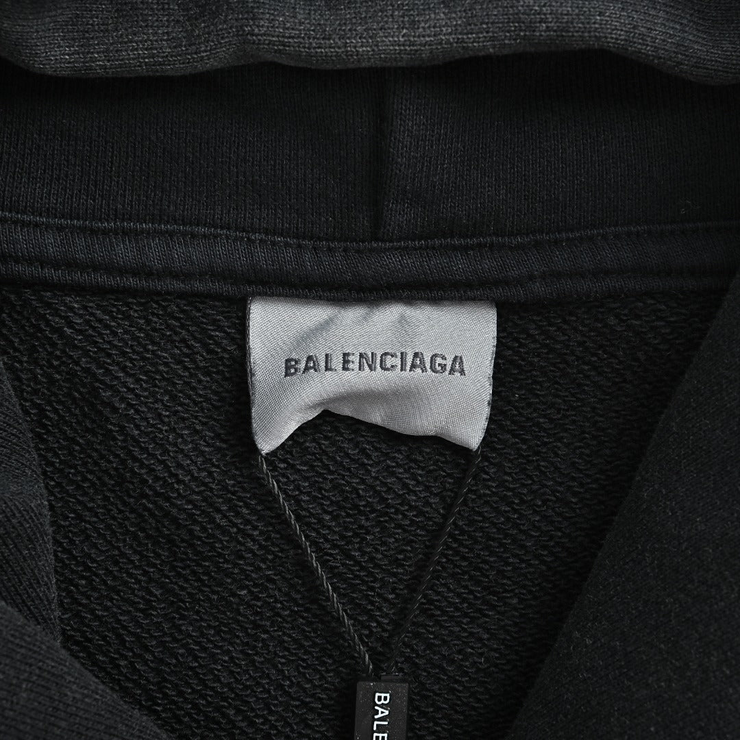Balenciaga Washed Black Blue Embroidered Logo Pullover Hoodie