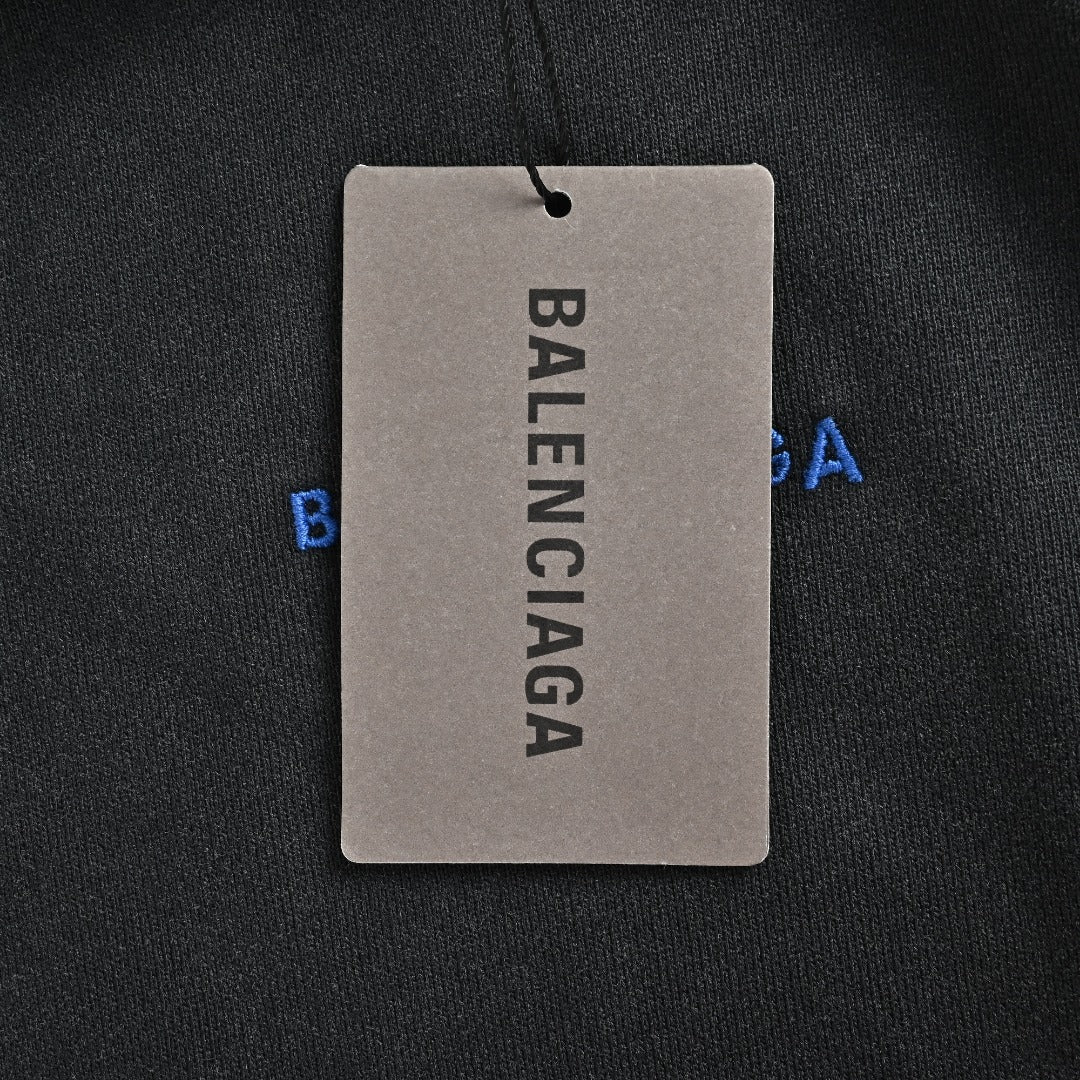 Balenciaga Washed Black Blue Embroidered Logo Pullover Hoodie