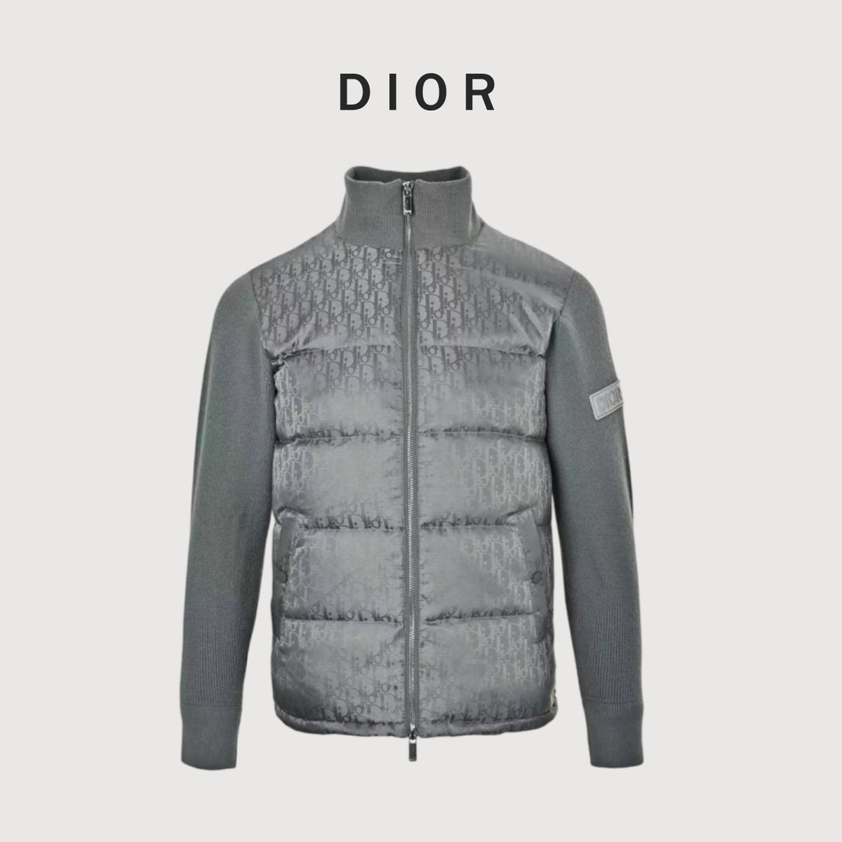 Dior Gray Monogram Quilted-Front Knit-Panel Stand-Collar Jacket