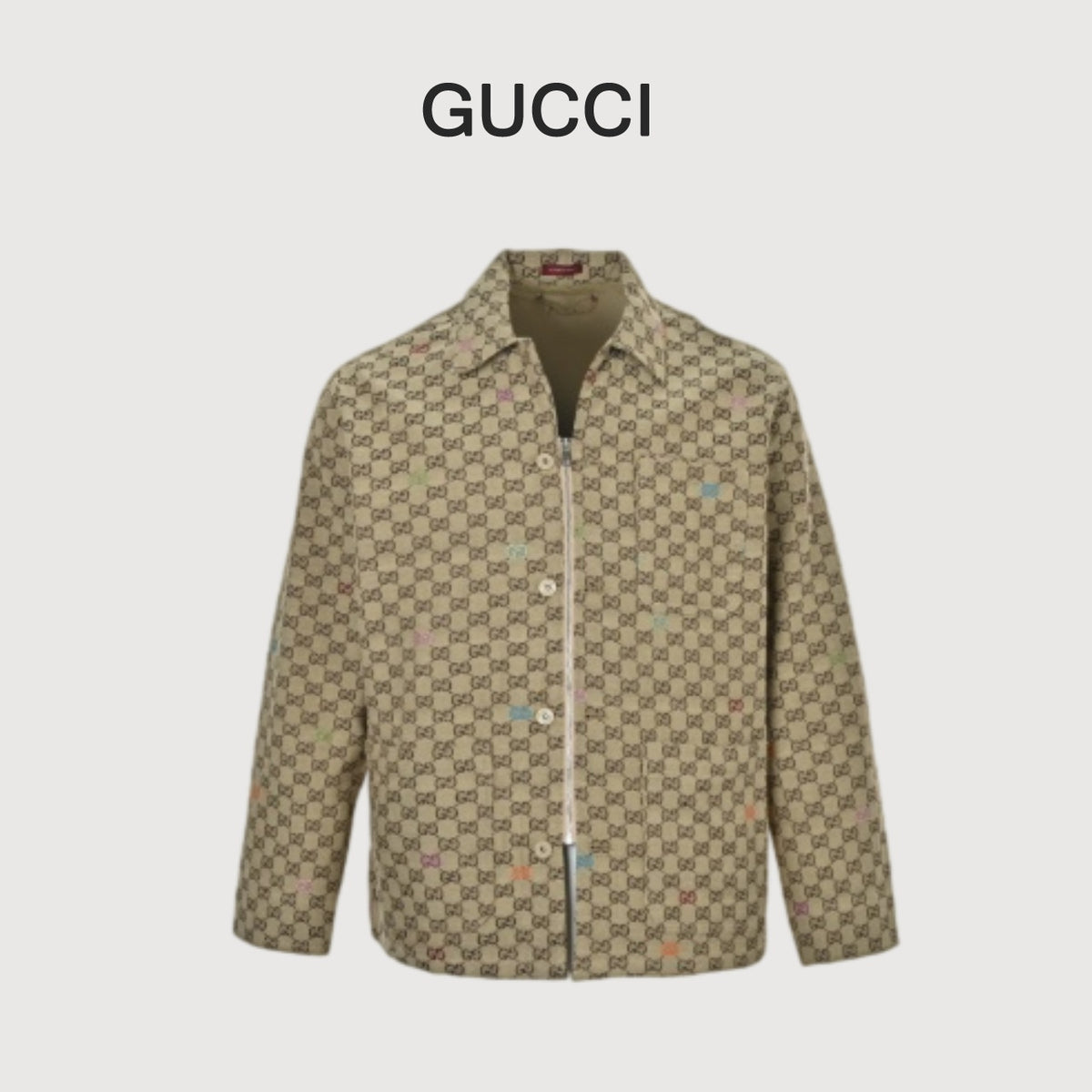 Gucci Beige GG Jacquard Canvas Embroidered Zip-Up Jacket