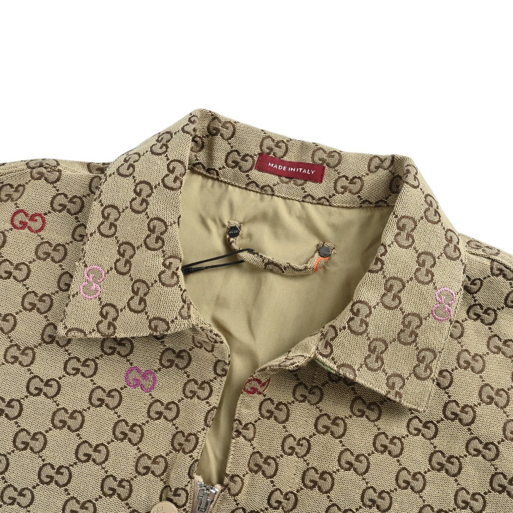Gucci Beige GG Jacquard Canvas Embroidered Zip-Up Jacket