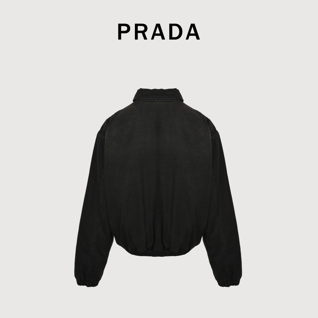 Prada Black Washed Denim Triangle Logo Padded Zip-Up Jacket