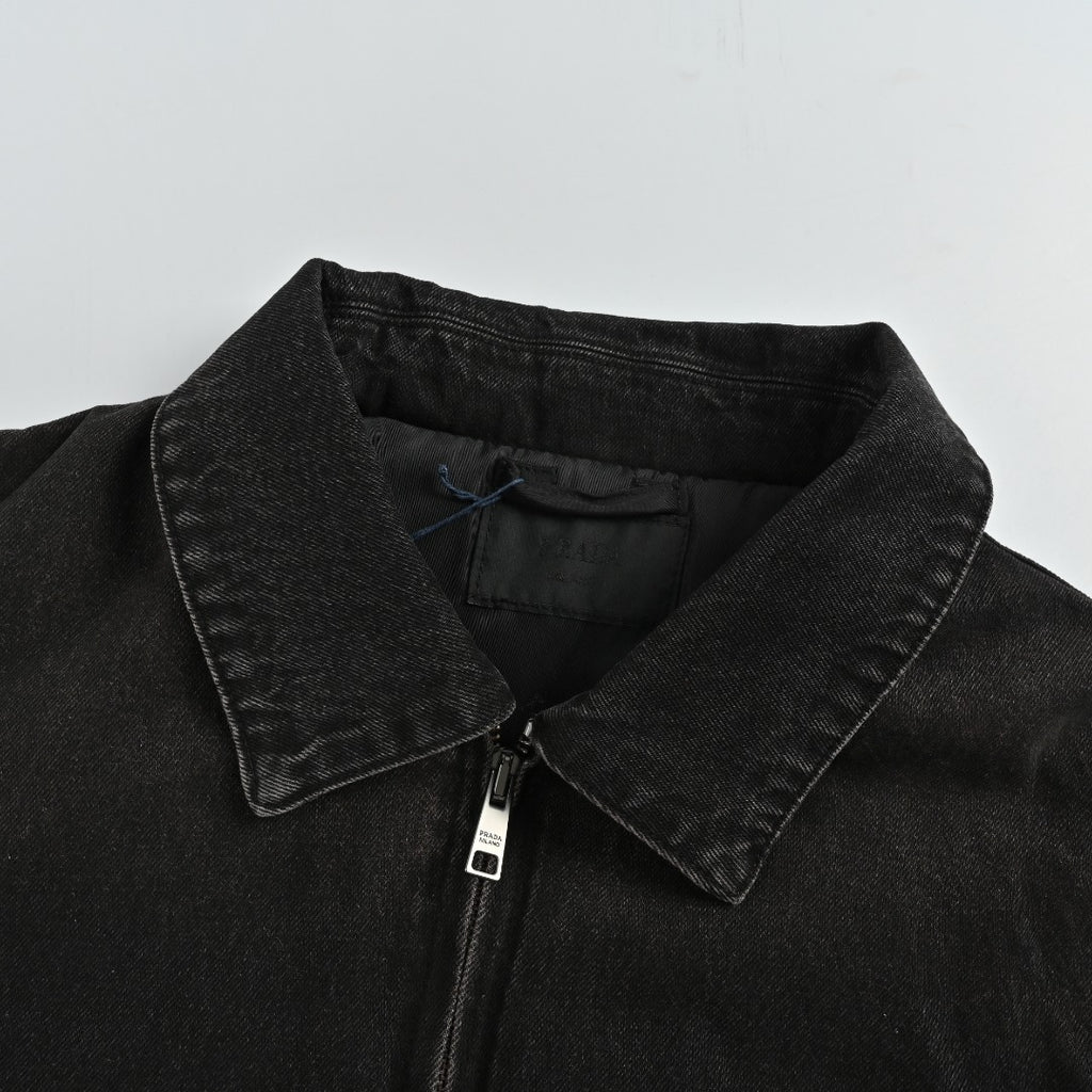 Prada Black Washed Denim Triangle Logo Padded Zip-Up Jacket