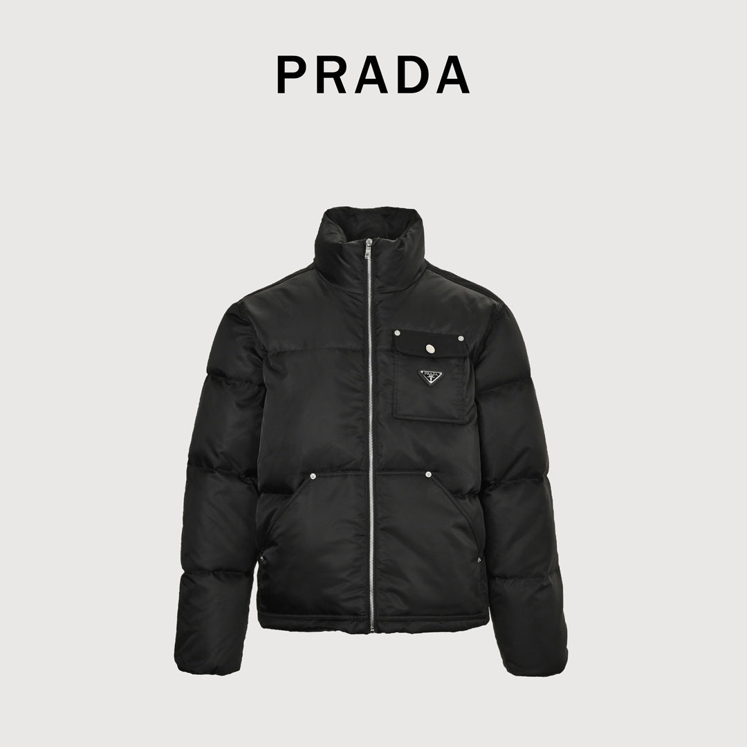 Prada Black Nylon Triangle Logo Flap-Pocket Stand-Collar Down Jacket