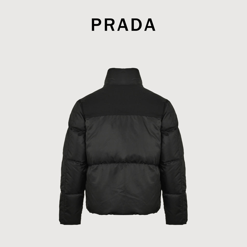 Prada Black Nylon Triangle Logo Flap-Pocket Stand-Collar Down Jacket