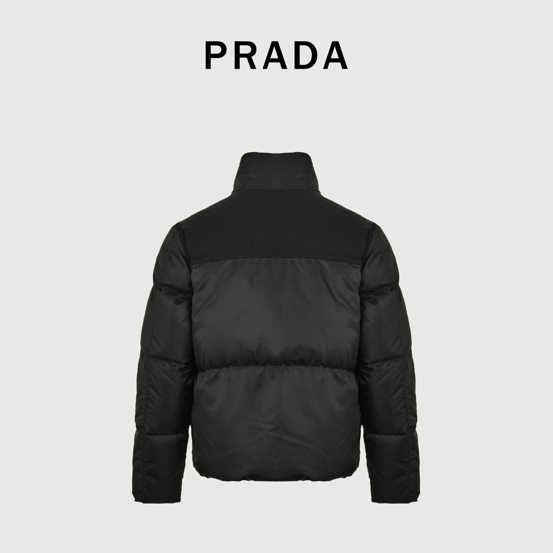 Prada Black Nylon Triangle Logo Flap-Pocket Stand-Collar Down Jacket