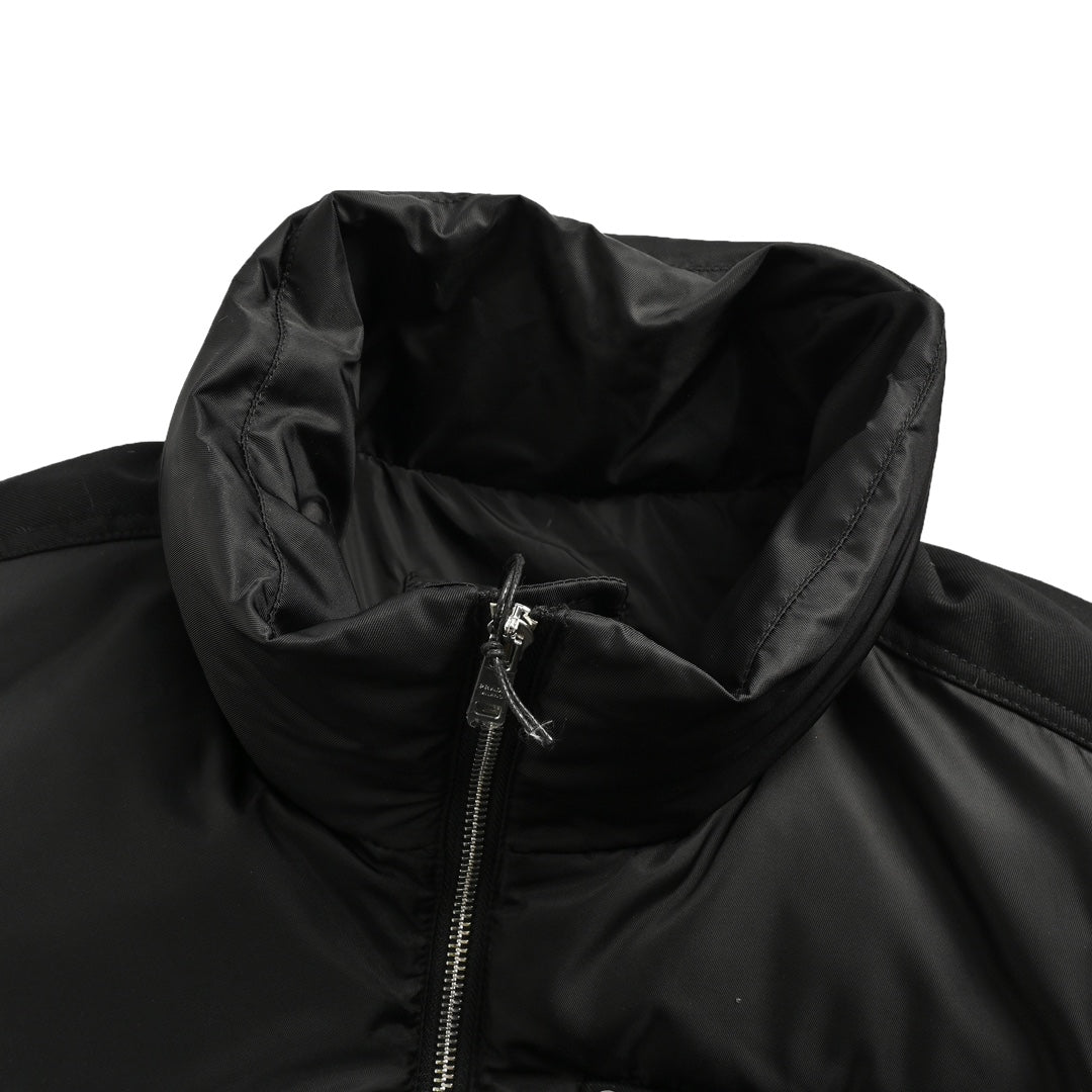 Prada Black Nylon Triangle Logo Flap-Pocket Stand-Collar Down Jacket