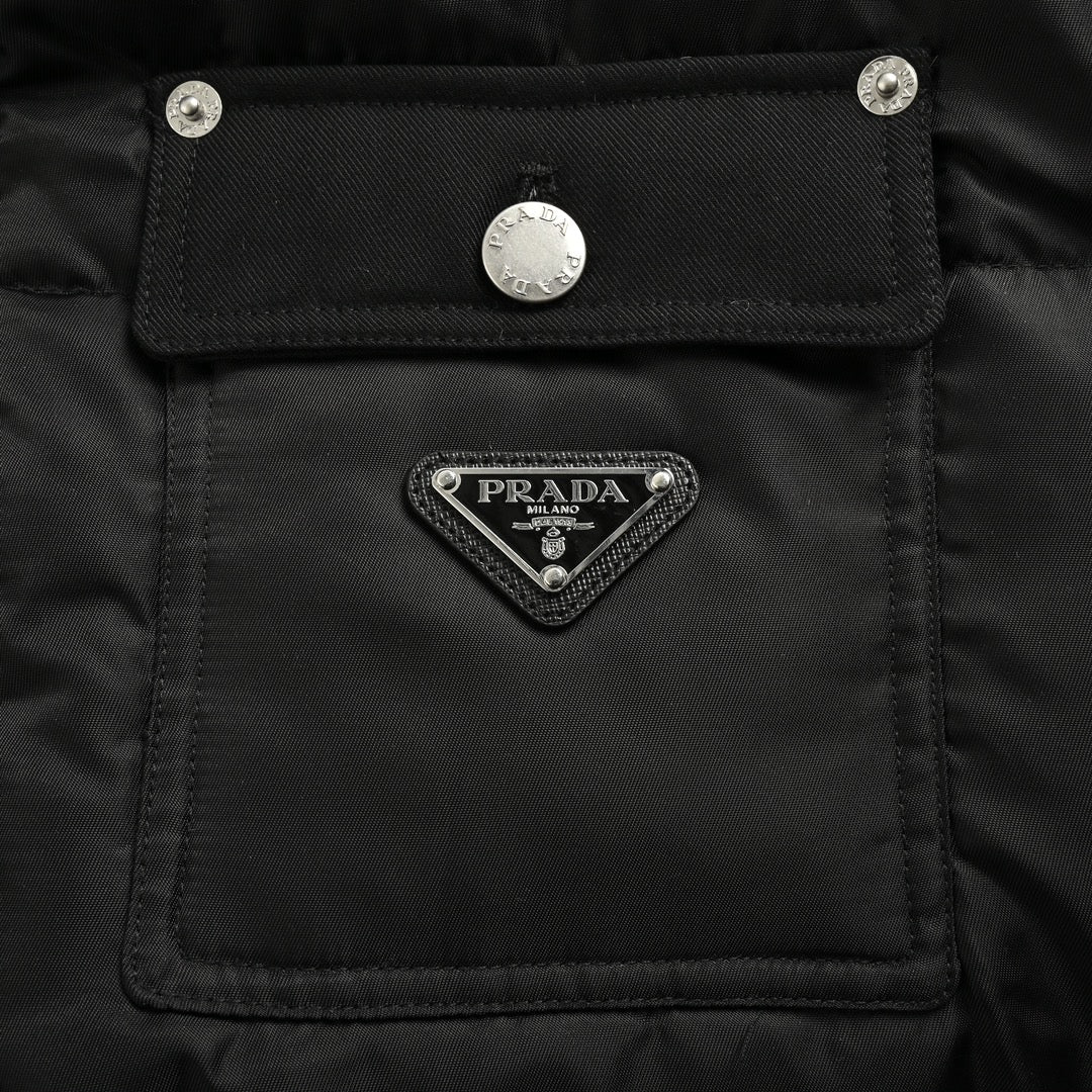 Prada Black Nylon Triangle Logo Flap-Pocket Stand-Collar Down Jacket