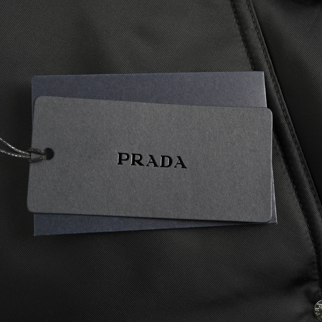 Prada Black Nylon Triangle Logo Flap-Pocket Stand-Collar Down Jacket
