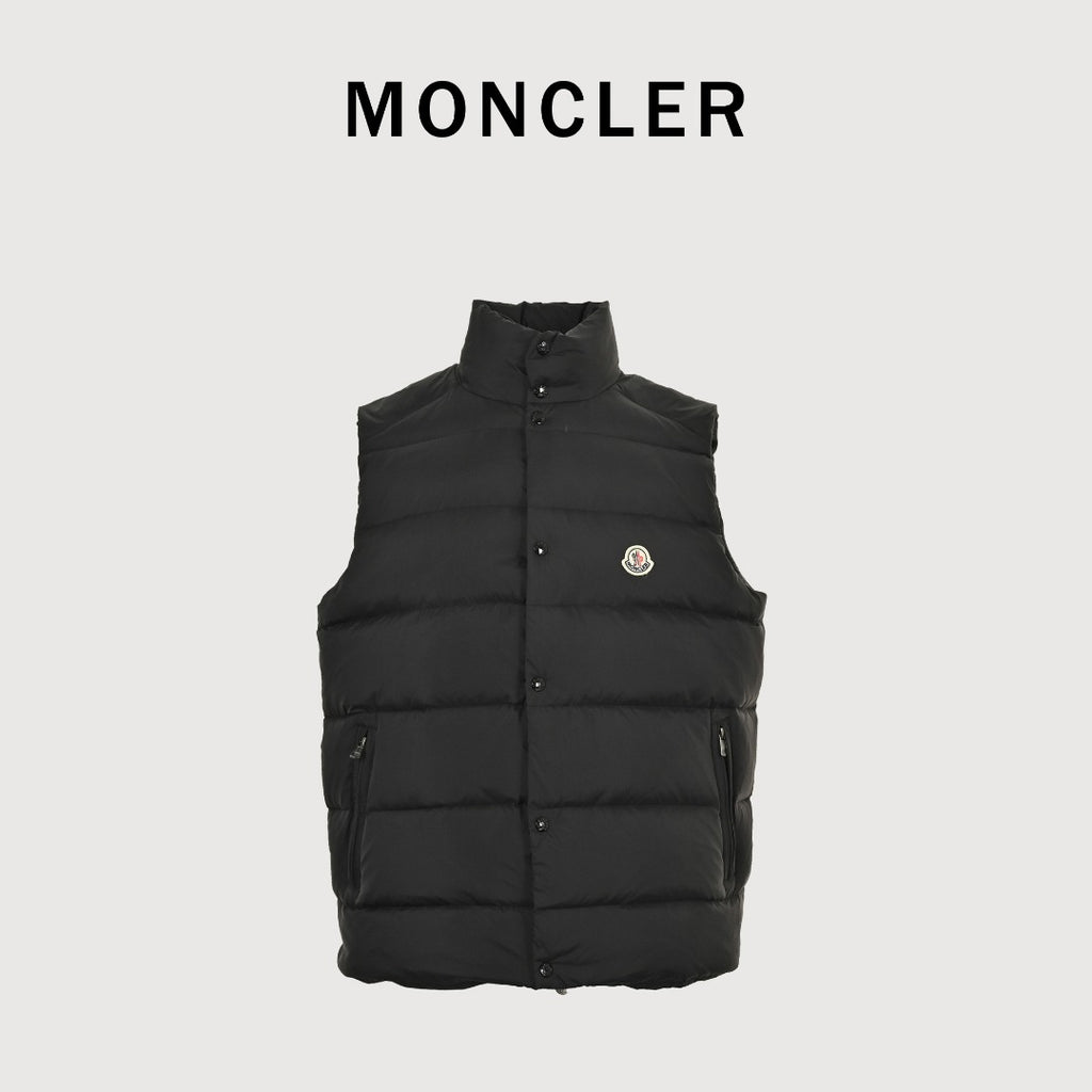 Moncler Black Matte Small Logo Quilted Stand-Collar Vest