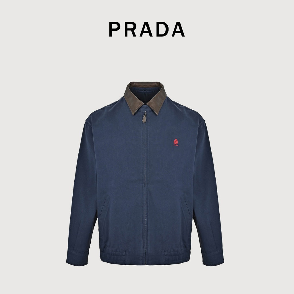Prada Navy Small Embroidered Detail Leather-Collar Zip-Up Jacket