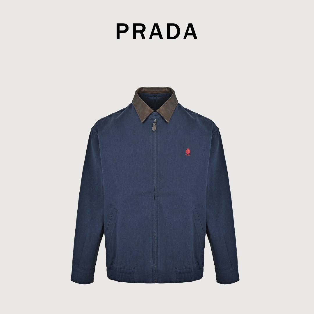 Prada Navy Small Embroidered Detail Leather-Collar Zip-Up Jacket