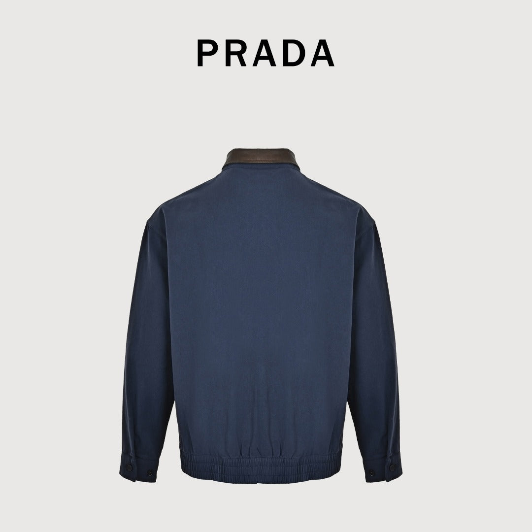 Prada Navy Small Embroidered Detail Leather-Collar Zip-Up Jacket