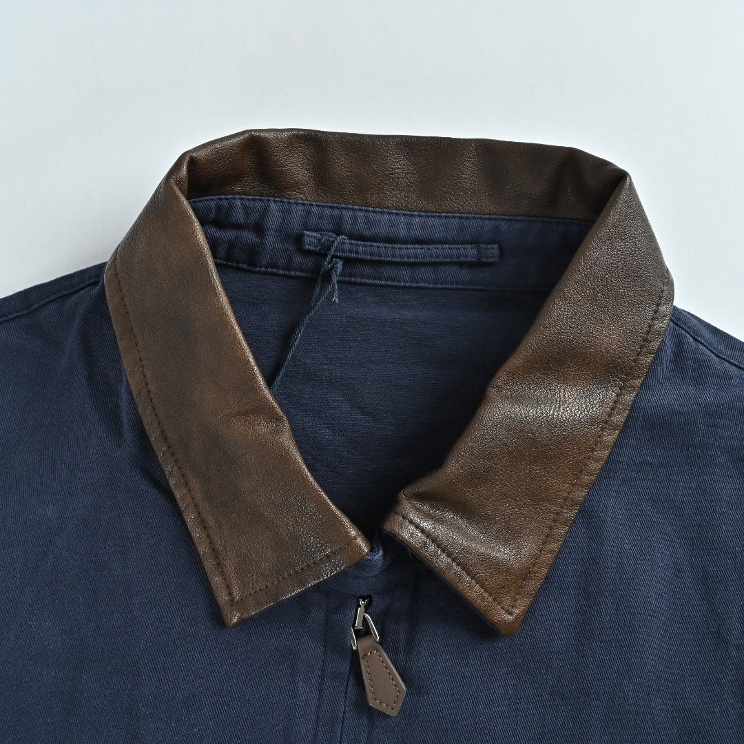 Prada Navy Small Embroidered Detail Leather-Collar Zip-Up Jacket