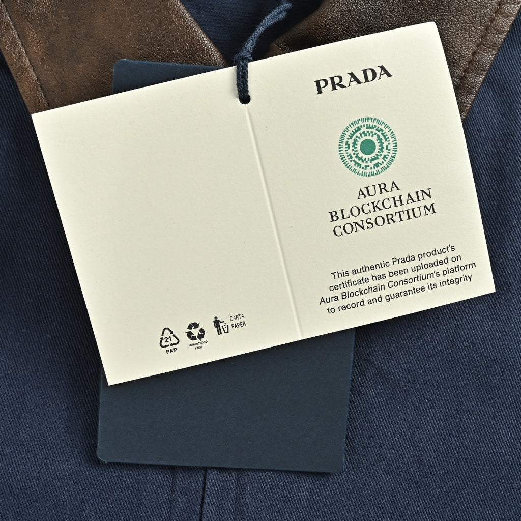Prada Navy Small Embroidered Detail Leather-Collar Zip-Up Jacket
