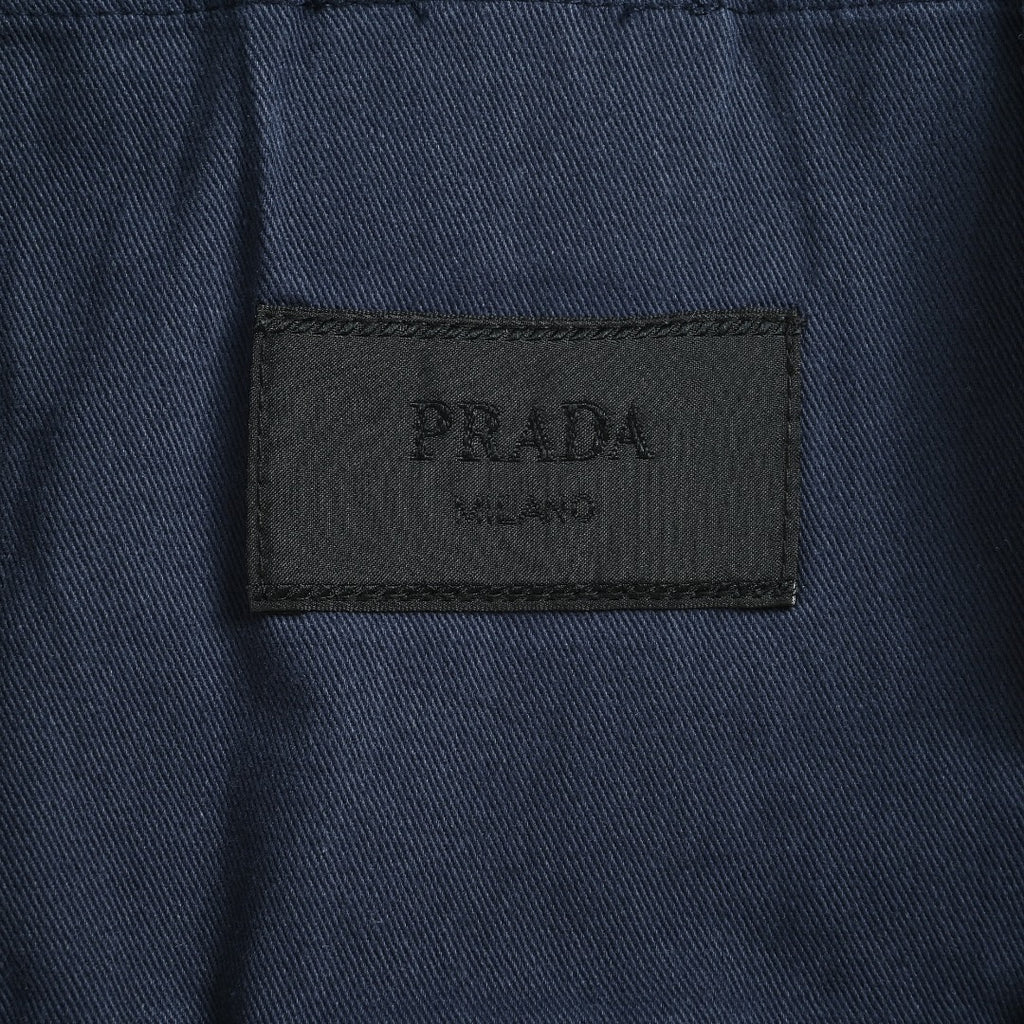 Prada Navy Small Embroidered Detail Leather-Collar Zip-Up Jacket