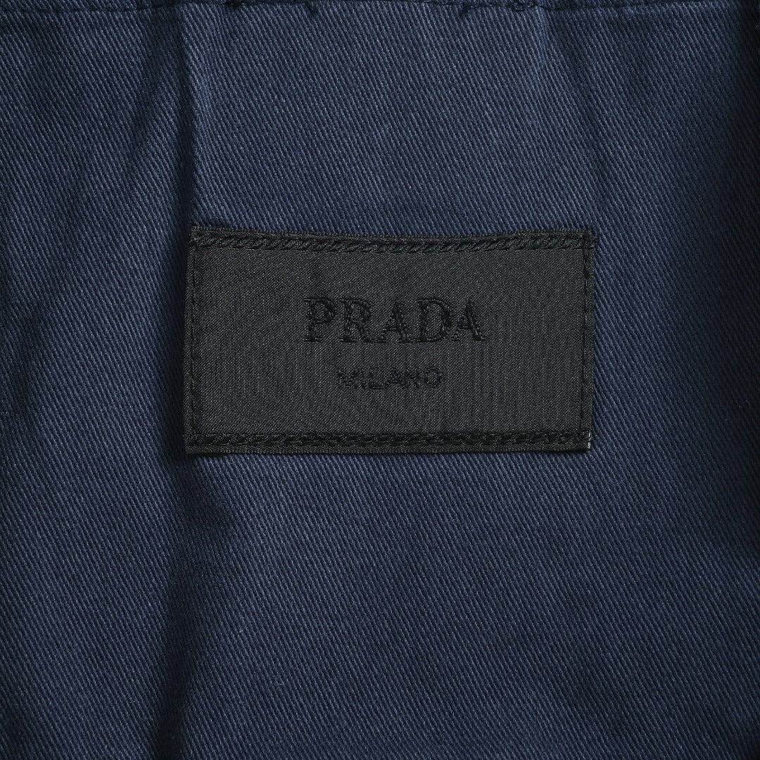 Prada Navy Small Embroidered Detail Leather-Collar Zip-Up Jacket