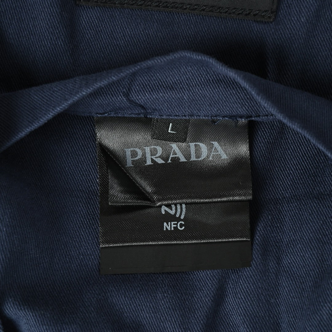 Prada Navy Small Embroidered Detail Leather-Collar Zip-Up Jacket