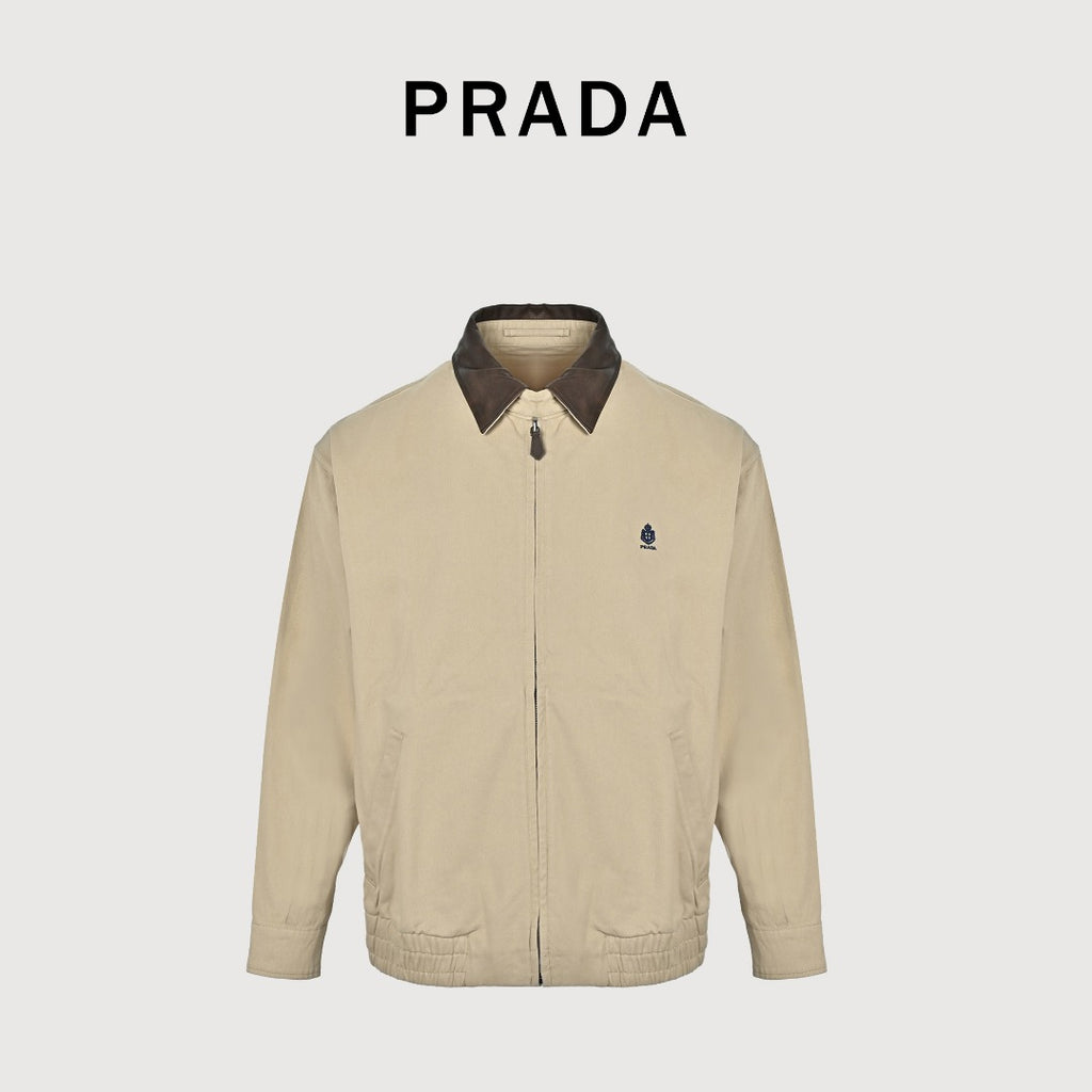 Prada Beige Small Embroidered Detail Leather-Collar Zip-Up Jacket