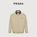 Prada Beige Small Embroidered Detail Leather-Collar Zip-Up Jacket